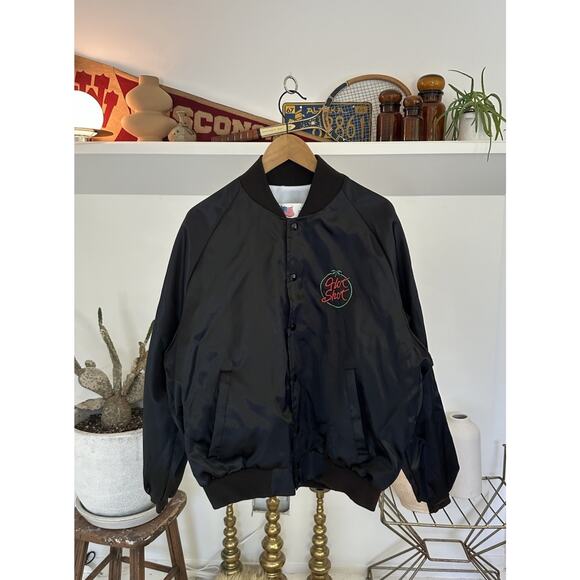 Vintage 1980s Hot Shot Black Satin Jacket XL - Picture 1 of 5